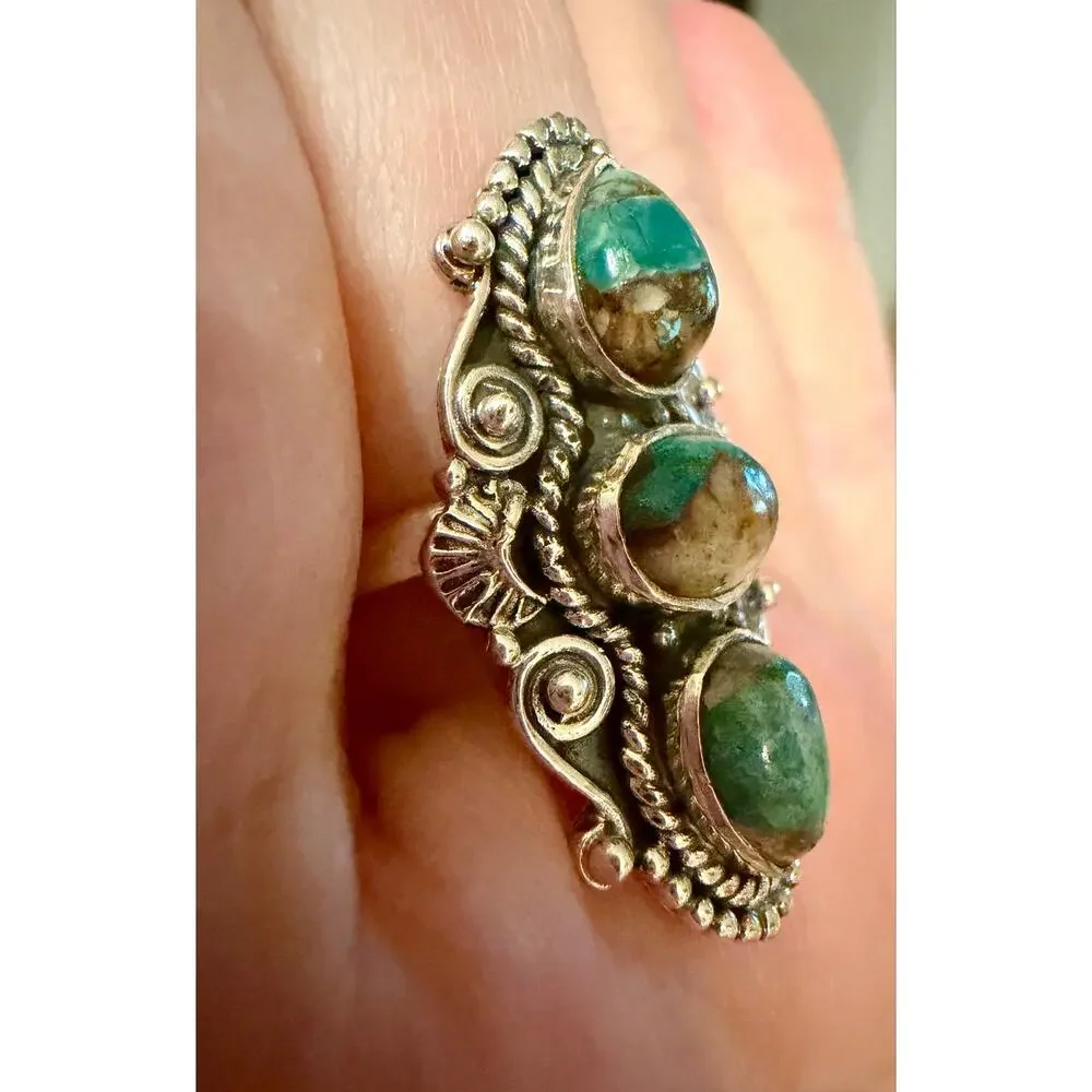 Royston Turquoise Three Stone Sterling 925 Ring Size 9 Adjustable